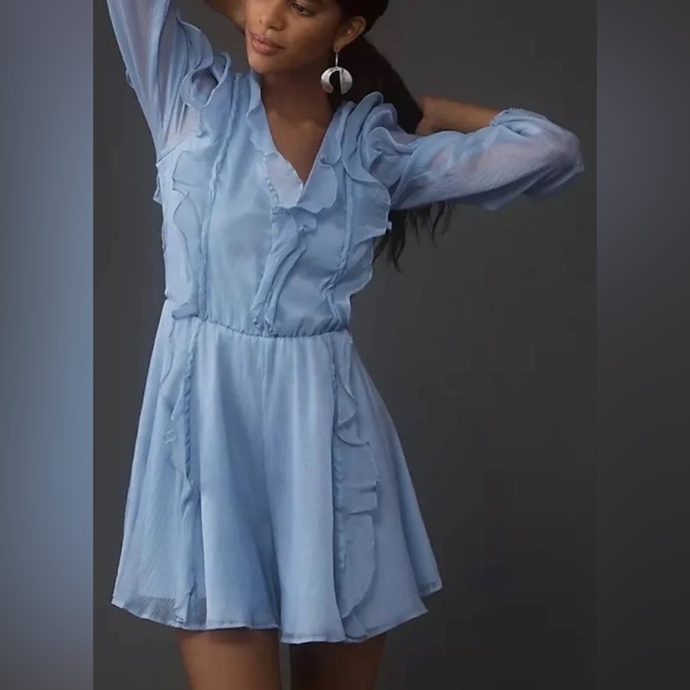 Hutch Anthropologie Sky Blue Long Sleeve Frilled Romper Small NWT
